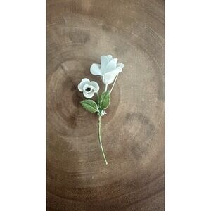 Vintage West Germany Glass White Floral Enamel Rose Pin Brooch Green Leaf Flower